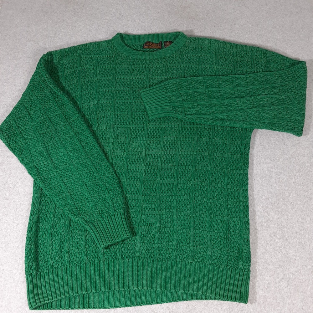 Vintage Eddie Bauer Mens Green Basketweave Cotton Knit Crew Neck Sweater Large